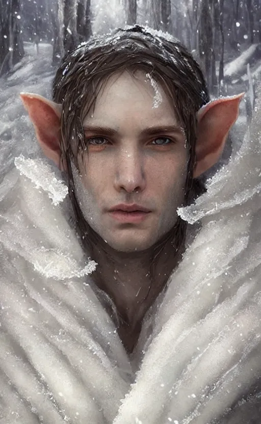 Prompt: portrait of an elf covered in frost and ice, male, detailed face, fantasy, highly detailed, cinematic lighting, digital art painting by greg rutkowski