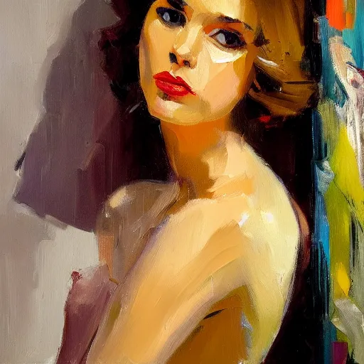 Prompt: an oil on canvas painting of a beautiful feminine woman from the 60's, leaning against the wall, living room, figurative art, studio portrait, detailed, deviantart, cgsociety, chiaroscuro, acrylic art, by Elmer Bischoff, by Michael Garmash