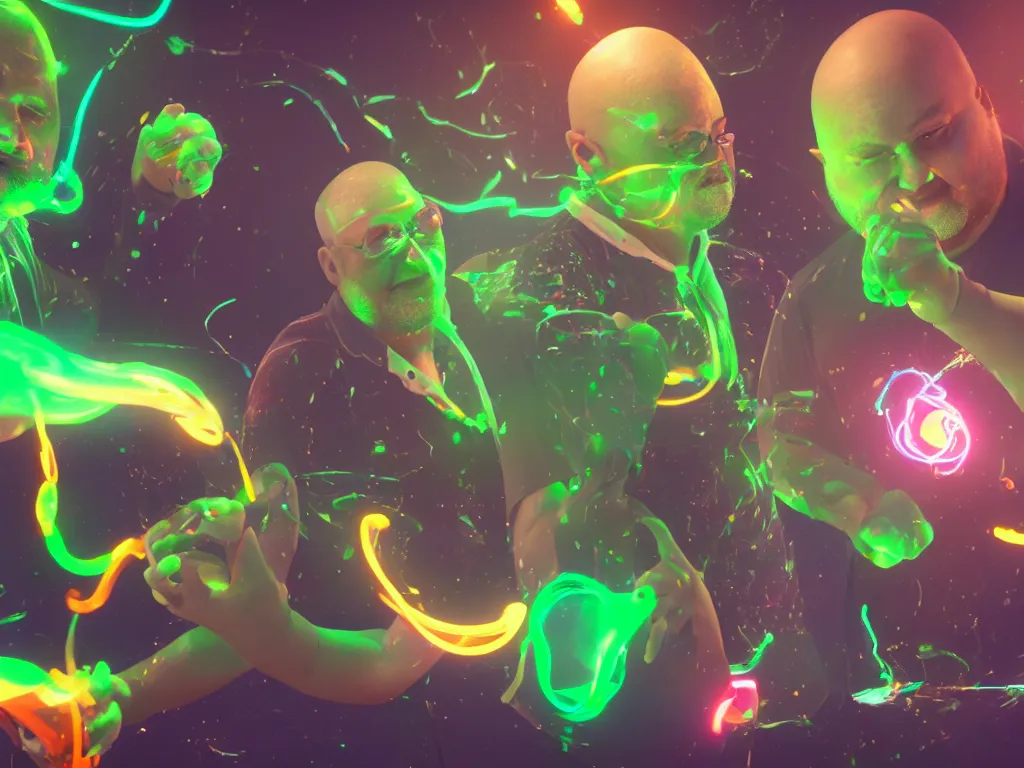 Image similar to a hyperrealistic portrait render of two fat bald men opening a bottle of glowing worms and drinking fluorescent liquid in the cosmos, unreal engine 8k