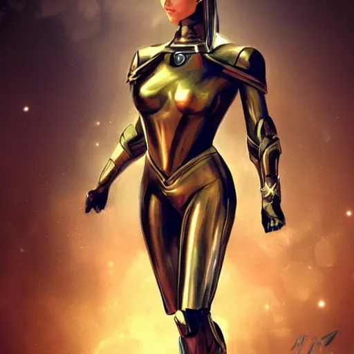 Image similar to a woman hero in a themed futuristic metal suit, super hero, armor, sleek, beautiful face, cinematic pose, sci - fi, egypt themed art