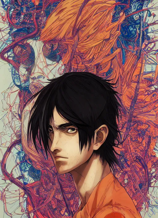 Image similar to portrait of eren yeager, an ultrafine detailed illustration by james jean, intricate linework, bright colors, final fantasy, behance contest winner, vanitas, angular, altermodern, unreal engine 5 highly rendered, global illumination, radiant light, detailed and intricate environment