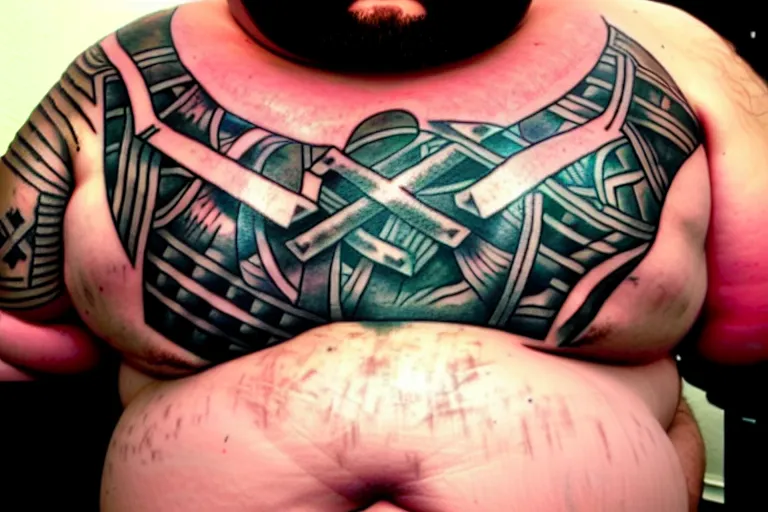 Image similar to world's ugliest tattoo of Mjölnir on a fat man's belly