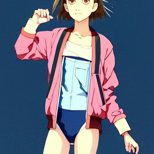 Image similar to a beautiful! boyish! natalie portman alluring gravure! model, wearing oversized mayan bomber jacket and leotard with overalls, bulky poofy bomber jacket with mayan patterns, gapmoe yandere grimdark, trending on pixiv fanbox, painted by greg rutkowski makoto shinkai takashi takeuchi studio ghibli, akihiko yoshida