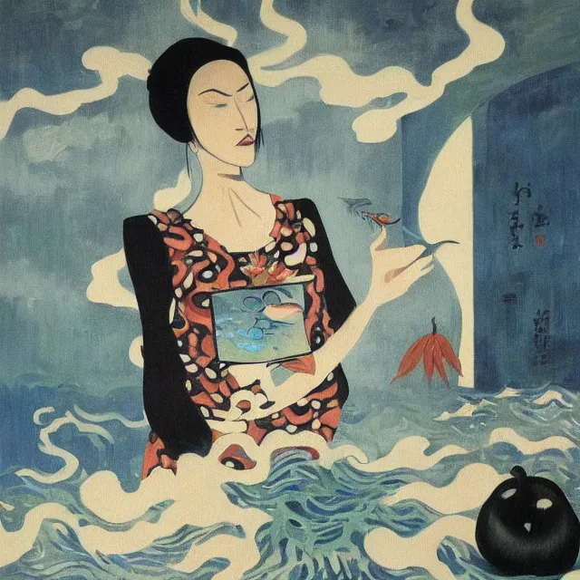 Image similar to tall emo female artist holding a large fish in her flooded kitchen, pomegranates, octopus, water gushing from ceiling, painting of flood waters inside an artist's apartment, a river flooding indoors, ikebana, zen, rapids, waterfall, black swans, canoe, berries, acrylic on canvas, surrealist, by magritte and monet