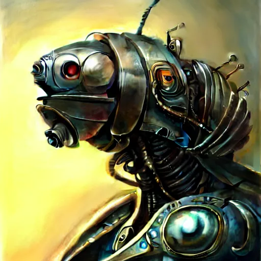 Prompt: front shot of a cyberpunk cockroach robot character, intricate, elegant, highly detailed, centered, digital painting, artstation, concept art, smooth, sharp focus, illustration, artgerm, Tomasz Alen Kopera, Peter Mohrbacher, donato giancola, Joseph Christian Leyendecker, WLOP, Boris Vallejo