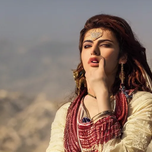 Image similar to close - up of an attractive kurdish singer in a movie directed by christopher nolan, movie still frame, promotional image, imax 7 0 mm footage