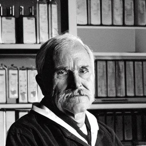 Image similar to portrait of a man standing in his lab, the face of the man is old an trustworthy, there's a calm satisfaction to his look