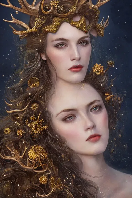 Prompt: young woman with antlers, sad eyes, fantasy, intricate, highly-detailed, elegant, gold, crown, flowers, dramatic lighting, glowing halo, gorgeous face, sexy gown, lifelike, photorealistic face, digital painting, artstation, illustration, concept art, smooth, sharp focus, art by John Collier and Albert Aublet and Krenz Cushart and Artem Demura and Alphonse Mucha