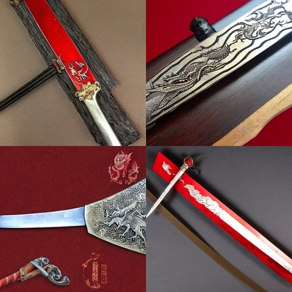 Prompt: one decorative sword with dragon etching along the red metal blade