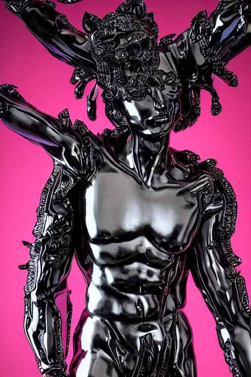 Prompt: hyper detailed ultra sharp fullbody photo of baroque and cyberpunk reflective black onyx sculpture of a muscular seductive young spanish piero mendez feeling highly aroused bem dotado, iridescent humanoid deity wearing black and white striped seethrough cloak, holding a rainbow tiger gem, blue diamond, glowing pink face, crown of white diamonds, cinematic lighting, photorealistic, octane render 8 k