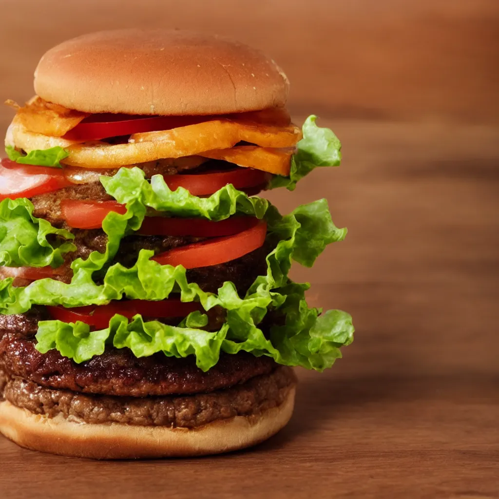 Image similar to close up view of a hamburger on top of a wooden table, 8k, photorealistic, proper shading