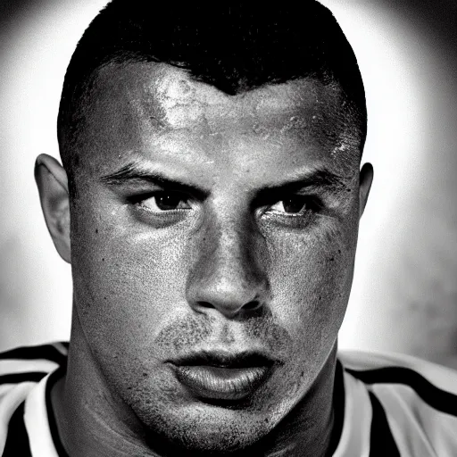 Prompt: portrait of the real ronaldo nazario from brazil by yousuf karsh, holy halo, neon ambient lighting, high detail