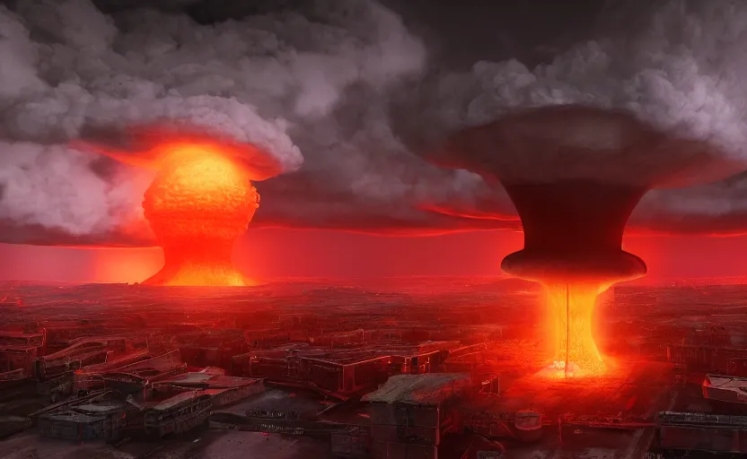 Prompt: ultra realistic wide shot of a big nuclear explosion with realistic nuclear mushroom in Red Square Kremlin, dark atmosphere, extremely high detail, photo realistic, cinematic lighting, post processed, artstation, matte painting, unreal engine 5, 8k