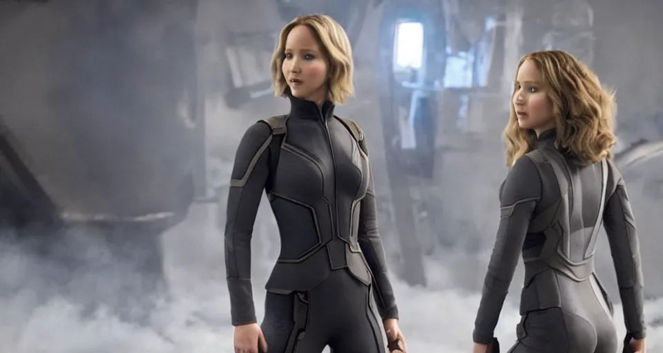 Prompt: jennifer lawrence in the avengers, still from final scene