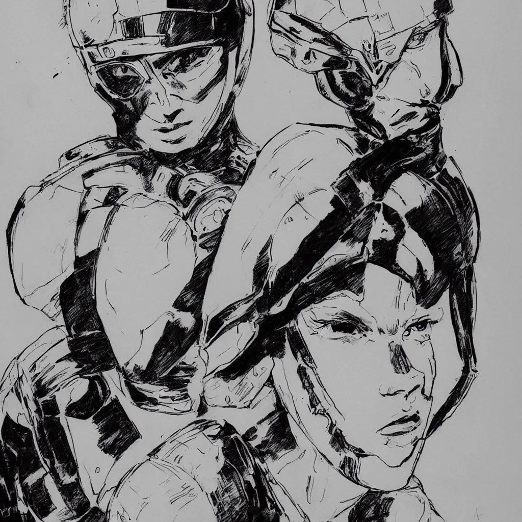 Image similar to beautiful portrait of a young futuristic female soldier, frank miller style, sketch