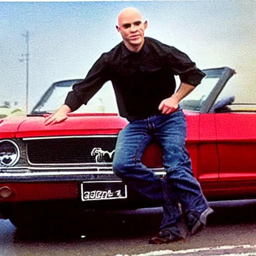 Image similar to coloured photograph of a muscled young white bald guy with broad shoulders, black shirt and a large chest driving a racing red mustang down a british road, high detail, very clear faces