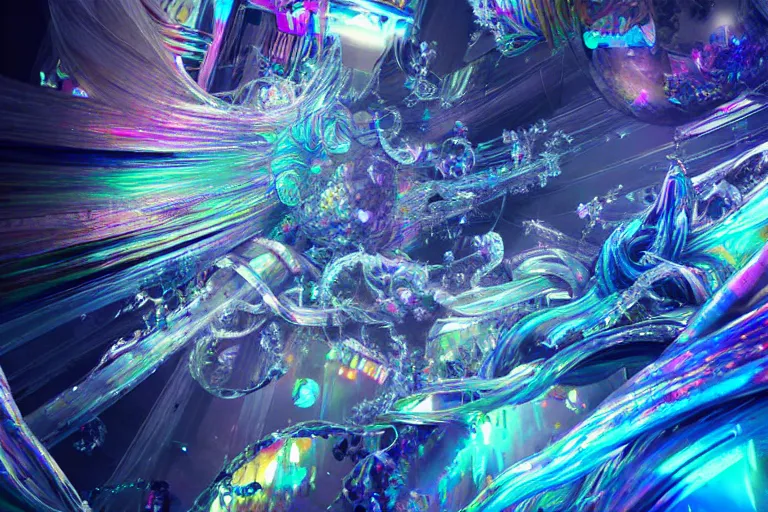 Prompt: simplicity, a huge flock of many ornate iridescent puffy filigreed clouds tangled into large whirling ultra detailed crystal specimens, cyberpunk environment, playful, award winning art, epic dreamlike fantasy landscape, ultra realistic,