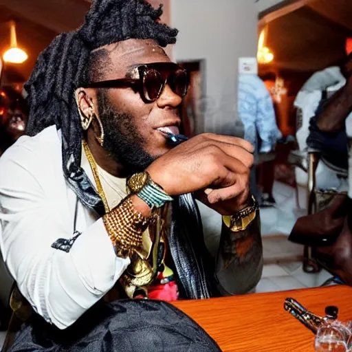 Prompt: burna boy, at church, rolling a cigarette, with a bottle of liquor next to him