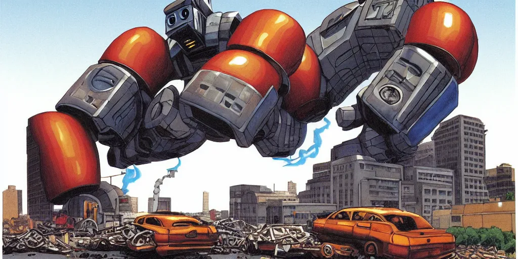 Prompt: Giant robot holding onto and eating a massive glazed donut that is almost as big as the robot, on top of one of the buildings is another giant donut, a building is on fire and smoking and a crushed car is under the foot of the giant robot by Richard Corben