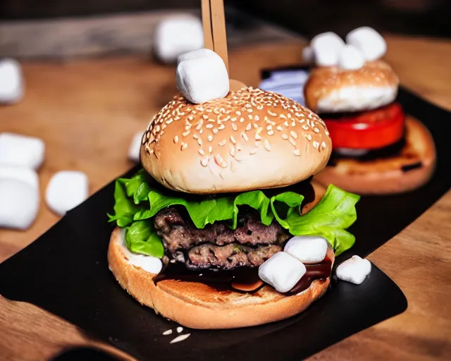 Image similar to dslr food photograph of burger with marshmallows in it, chocolate sauce, 8 5 mm f 1. 8