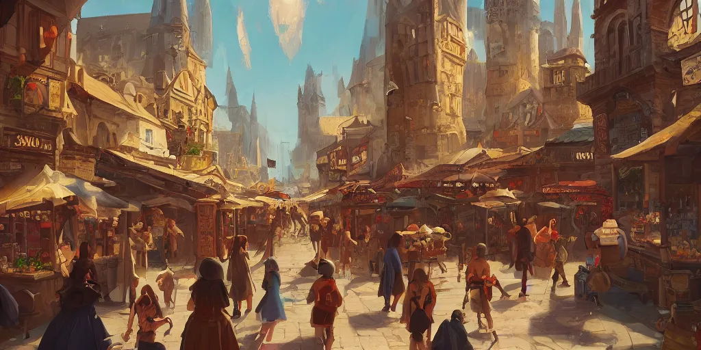 Prompt: a busy fantasy street market from within a fascinating old city, by Sylvain Sarrailh, by Sebastian Luca, by Nicodemus Yang-Mattisson, cinematic, simple but effective composition, clean lines, beautiful digital painting, oil painting, dungeons and dragons, lord of the rings