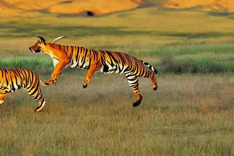 Image similar to two animals in a photo, an antelope and a tiger, the antelope is chasing the tiger, golden hour, 6 0 0 mm, wildlife photo, national geographics