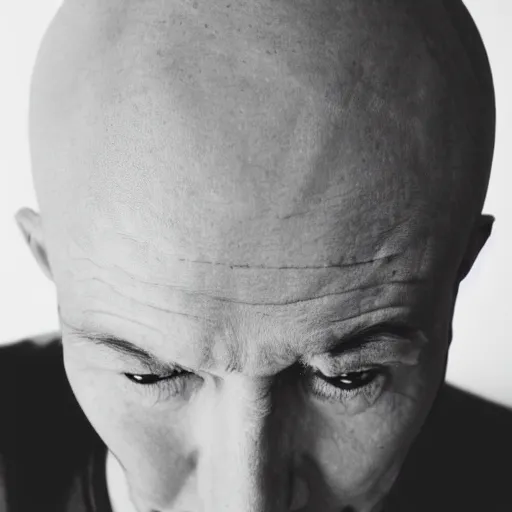 Prompt: bald man with a big head and throbbing veins