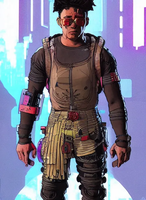 Image similar to hector. apex legends cyberpunk weight lifter. concept art by james gurney and mœbius. cinematic, dramatic lighting ( cyberpunk 2 0 7 7 ), clean aesthetic