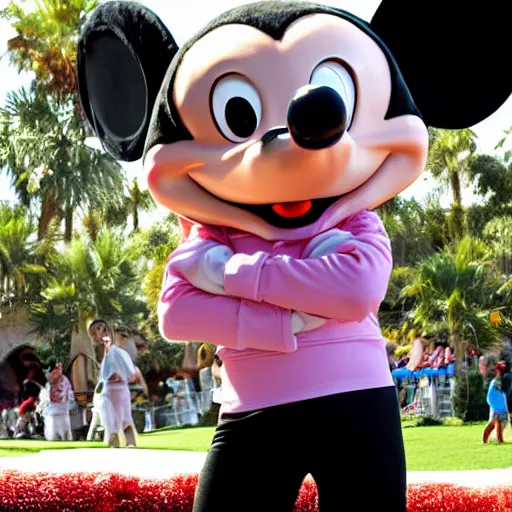 Image similar to dexter morgan visiting disneyworld wearing mickey mouse ears and eating cotton candy, telephoto lense