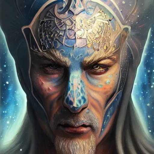 Image similar to an Artstation 3d render of Very very very very highly detailed beautiful mystic portrait of a phantom warrior with galaxy, tattoos by Anton Pieck, intricate, extremely detailed, digital painting, artstation, concept art, smooth, sharp focus, illustration, intimidating lighting, incredible art,