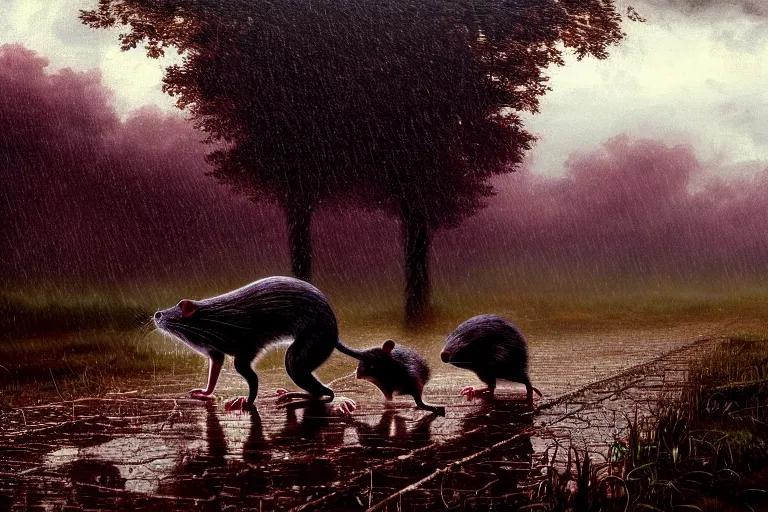 Prompt: a family of rats scurrying across a drenched field in a torrential rainstorm, in the style of andrei tarkovsky, intricate and epic composition, red by caravaggio, insanely quality, highly detailed, masterpiece, purple light, artstation, 4 k