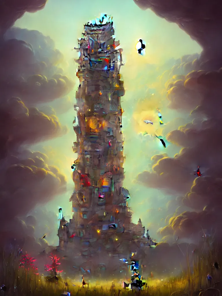 Prompt: a wizard\'s tower in a meadow filled with ruins by Peter Mohrbacher, blue fireball, sunny, flowers