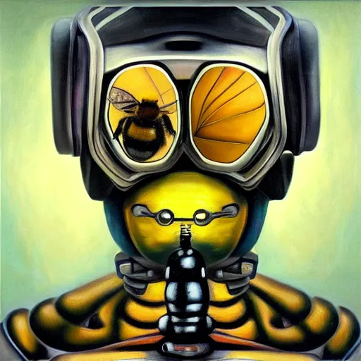 Image similar to a realistic oil painting of a bee as a cybernetic cyborg, surrealism portrait, surrealism album cover