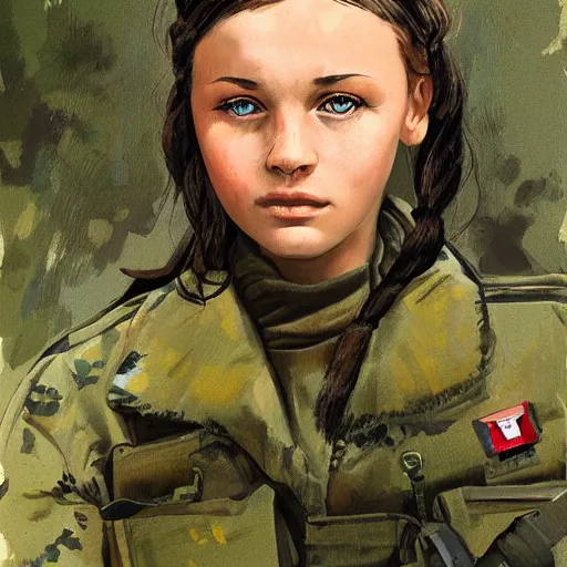 Image similar to beautiful portrait of a young ukrainian female soldier by frank miller