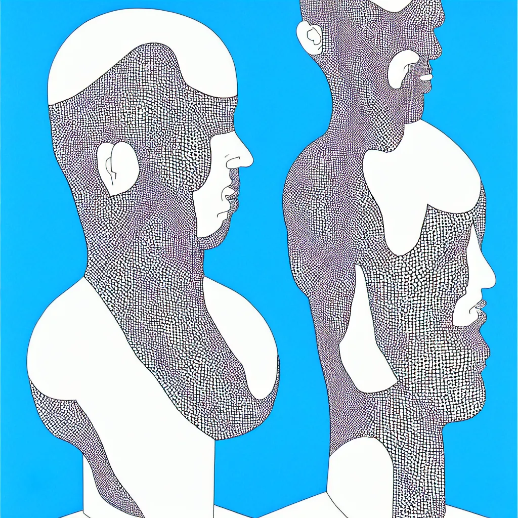 Prompt: a formal self portrait by the artist kelbv, in distinct hyper precise fineliner style with cuboids neatly curving above his head, and exploded body filled with light blue and white spheroids, perfect bright studio lighting.