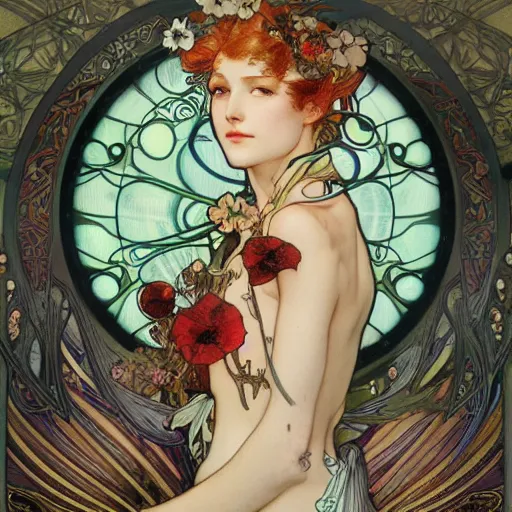 Prompt: realistic detailed illustration of poppies by Alphonse Mucha, Ayami Kojima, Amano, Charlie Bowater, Karol Bak, Greg Hildebrandt, Jean Delville, and Mark Brooks, Art Nouveau, Pre-Raphaelite, Neo-Gothic, gothic, rich deep moody colors