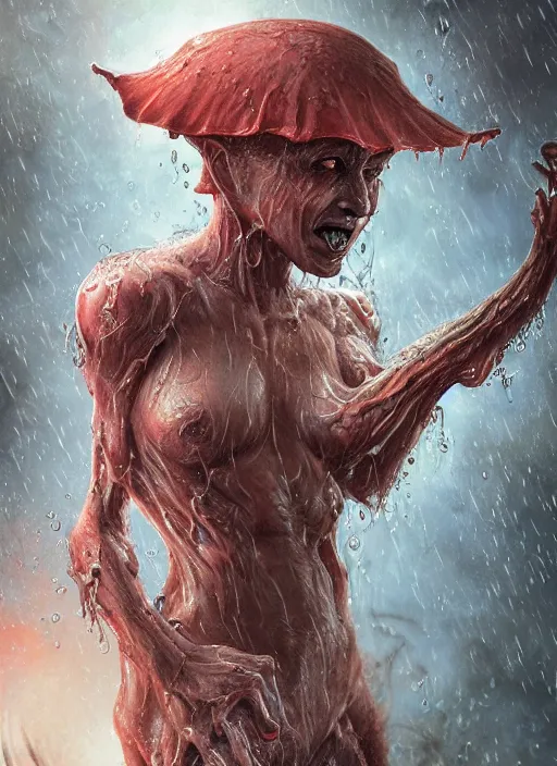 Prompt: digital painting of a wet smily monster in the rain, with translucent skin, veiny, long freaky finger, by filipe pagliuso and justin gerard, fantasy, highly detailed, realistic, intricate, glowing eyes