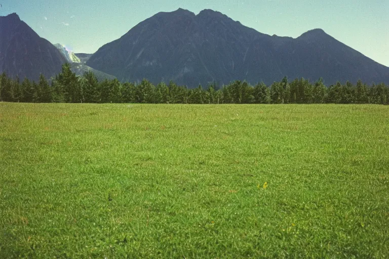 Image similar to film color photography, small mirror in distance, long view of green lawn, no focus, mountains in distance, 35mm