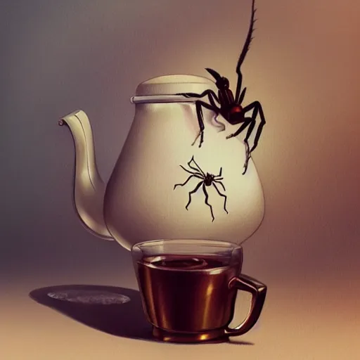 Image similar to incy whincy spider sat on the chrome teapot, highly detailed, digital painting, artstation, concept art, smooth, sharp focus, illustration, art by artgerm and greg rutkowski and alphonse mucha