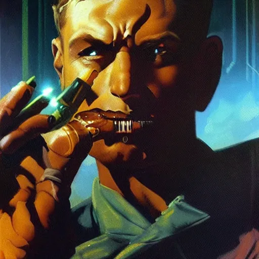 Image similar to An android smoking a cigar in a cyberpunk setting by Frank Frazetta, Trending on Artstation, 1980s computer graphics,