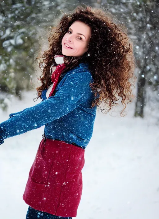 Prompt: a photo of 4 0 year old woman with short wavy curly light brown hair and blue eyes wearing colorful winter clothes is running in a snowy field. 1 3 mm. front view, perfect faces