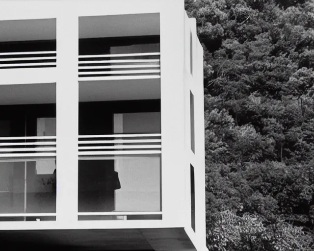 Prompt: a still of a young woman looking out from a huge concrete white balcony of a minimalist house, outside view, low angle, clear sky and background, in the music video Wrapped Around your Finger (1983)