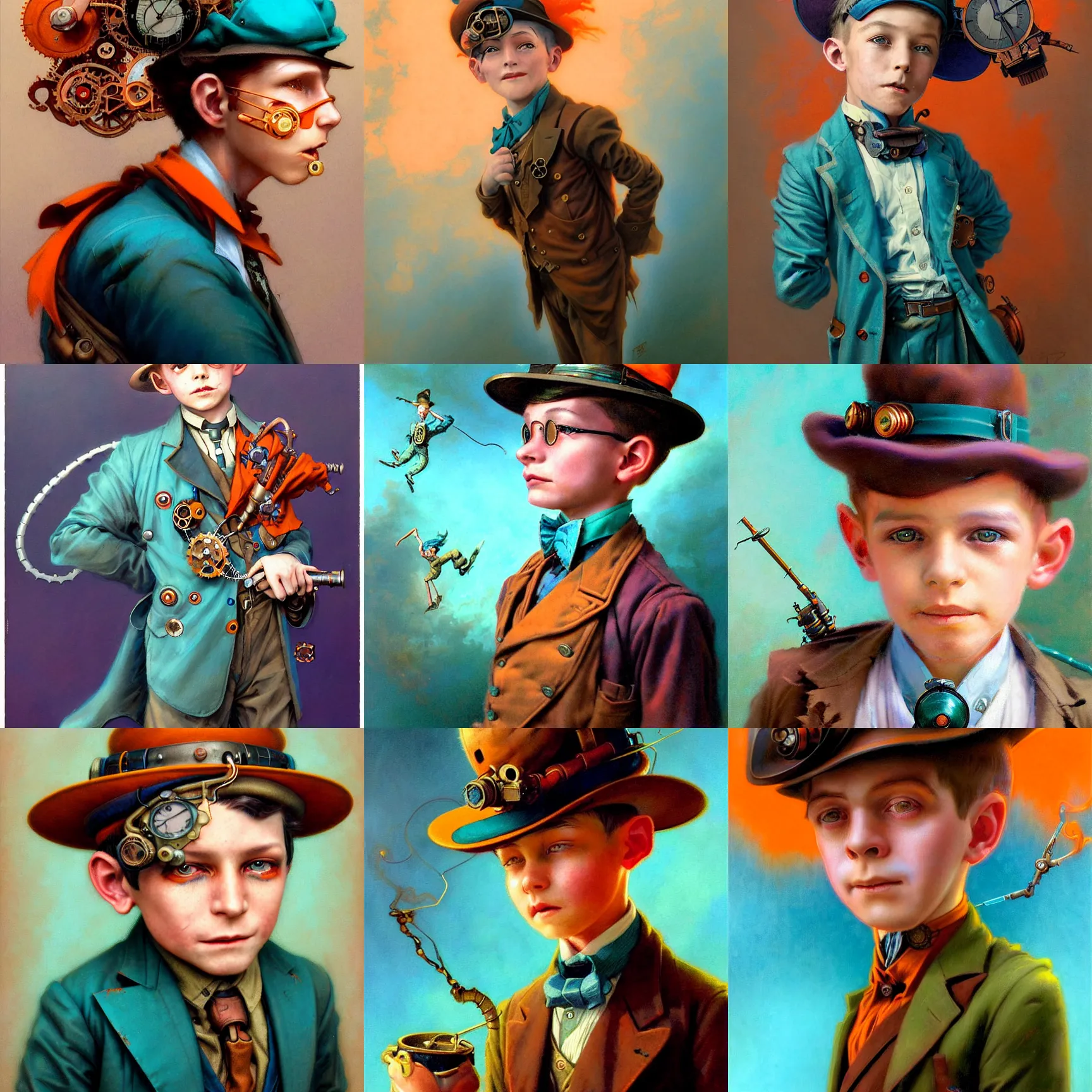 Prompt: beautiful realistic character portrait of a 8 year old steampunk boy hero in the 1 9 2 0 s, wearing 1 9 2 0 s cloth hair, coloured in teal and orange, muted colours, by peter mohrbacher, hajime sorayama, wayne barlowe, boris vallejo, aaron horkey, gaston bussiere, craig mullins