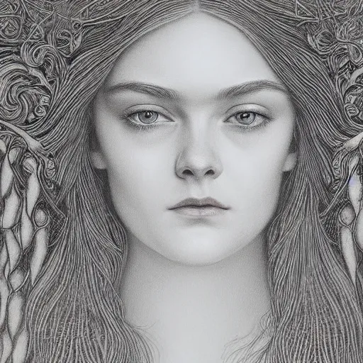 Prompt: professional painting of Elle Fanning in the style of Jean Delville, head and shoulders portrait, symmetrical facial features, smooth, sharp focus, illustration, intricate, stormy weather, extremely detailed masterpiece,