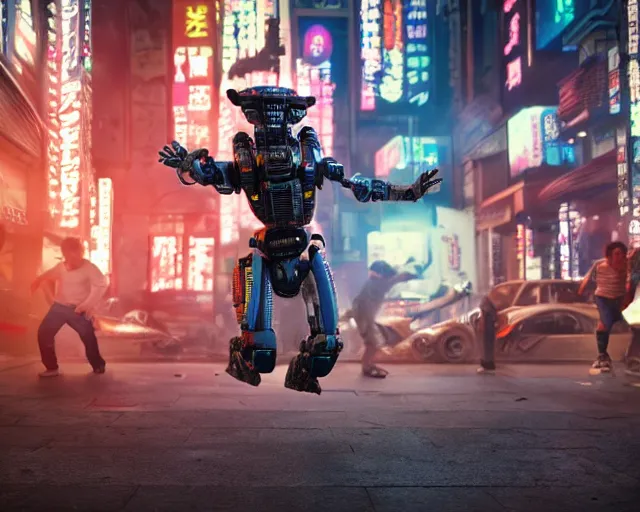 Image similar to CHAPPIE Breakdancing In The Middle of Neo Tokyo Surrounded by Xenomorph Crews In Lacoste and Street Wear, Full Figure, 8K, octane render, HDR, photorealistic, volumetric lighting, Hyperrealistic-H 960