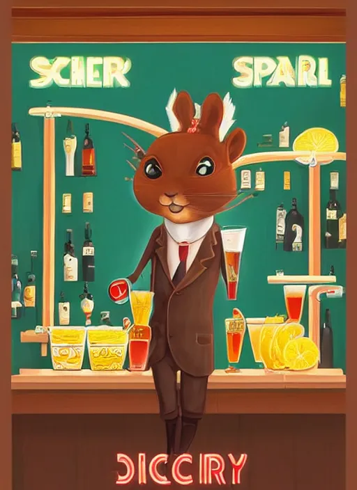 Image similar to squirrel anthro as a dapper bartender with a big fluffy tail, retro futurism, art deco, detailed painterly digital art by Richard Scarry, 🐿🍸🍋, furaffinity, trending on artstation