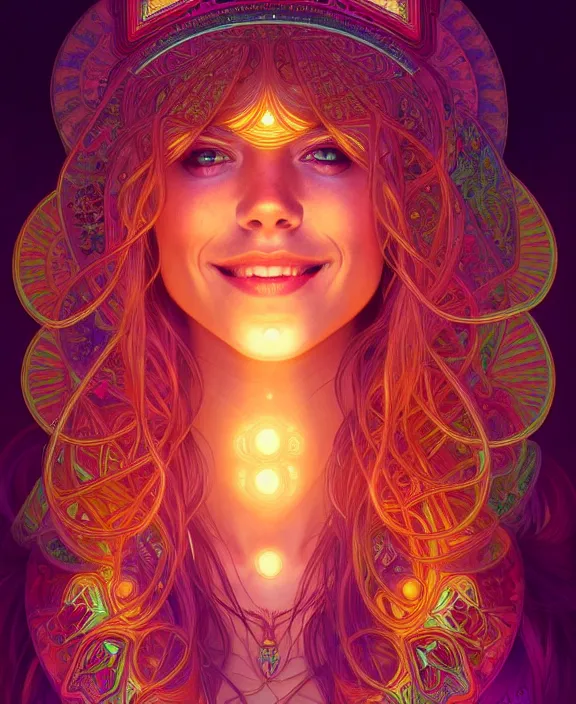 Prompt: symmetry!! portrait of hippie girl smiling, glowing lights!! psychedelic, intricate, elegant, highly detailed, digital painting, artstation, concept art, smooth, sharp focus, illustration, art by artgerm and greg rutkowski and alphonse mucha, 8 k