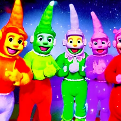 Image similar to wham! last christmas music video with teletubbies