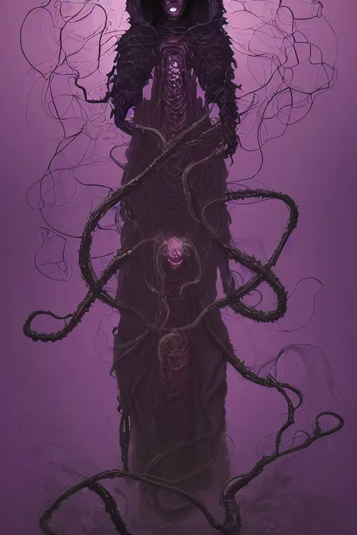 Image similar to A full body portrait of a mysterious shaman with no face with a very long hooded dark purple cloak tentacles and vines coming out the ground art by Maciej Kuciara and Jason Chan, ominous, cosmic horror, trending on artstation, Ultra detailed, hyper realistic 4k