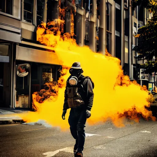 Image similar to man in a gasmask screaming walking down the streets of seattle, sunlight, sunny day, smoke, full shot